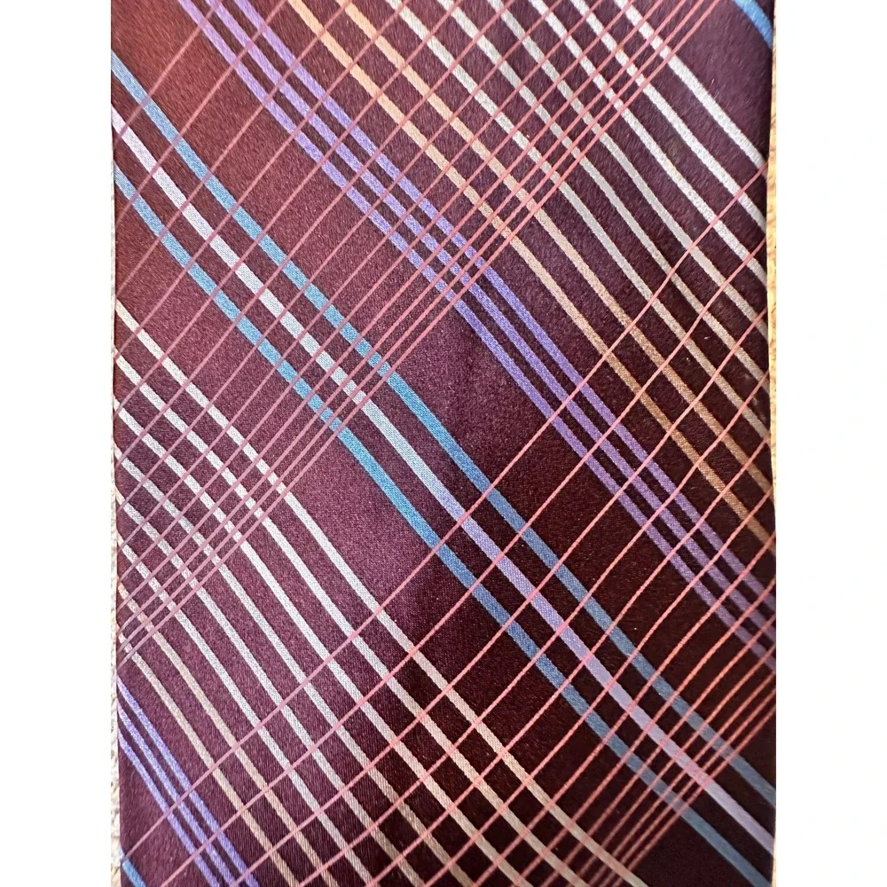 Claiborne Mens Silk Tie Burgundy Blue‎ Purple Plaid Geometric Pattern Hand Sewn